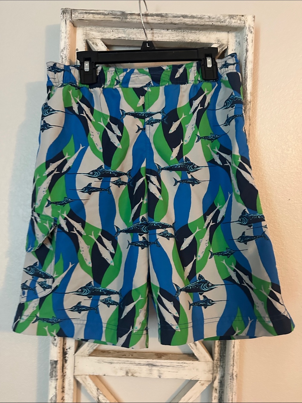 Columbia Blue & Green Marlin Print Swim Trunks